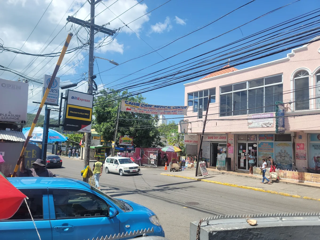 Carib Care Medical Centre storefront on Main Street, Ocho Rios, Jamaica